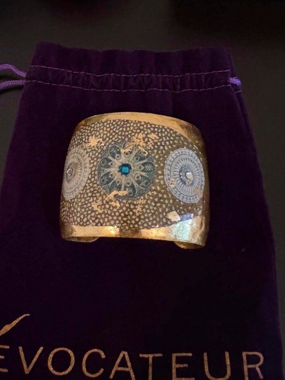 Evocateur 2 inch Cuff Bracelet 22k Gold Leaf with Crystals Signed